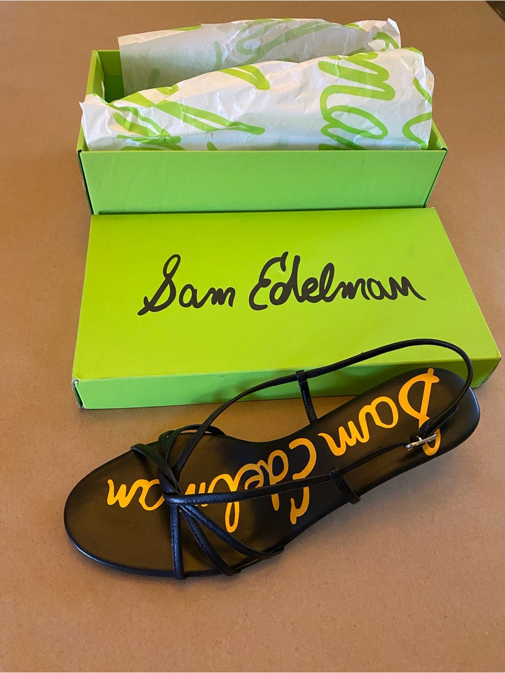 Sam Edelman Black Strappy Leather Sandal with Gold Logo